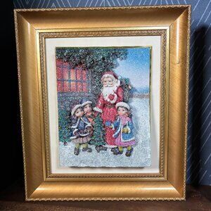 Vintage 3D Santa with Children Framed Christmas Decor Textured Relief Wall Art
